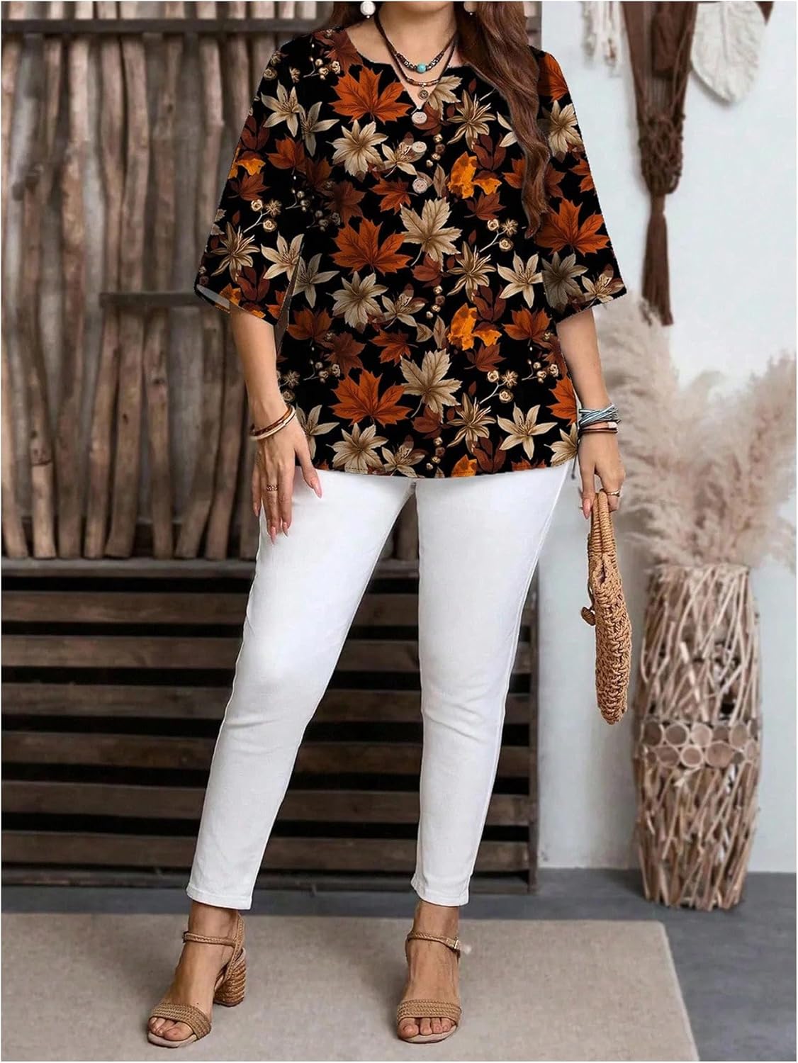 Women's Plus Size Vintage Maple Leaf Print Shirt Notched V Neck Half Sleeve Dressy Casual Blouse Tops - Image 4