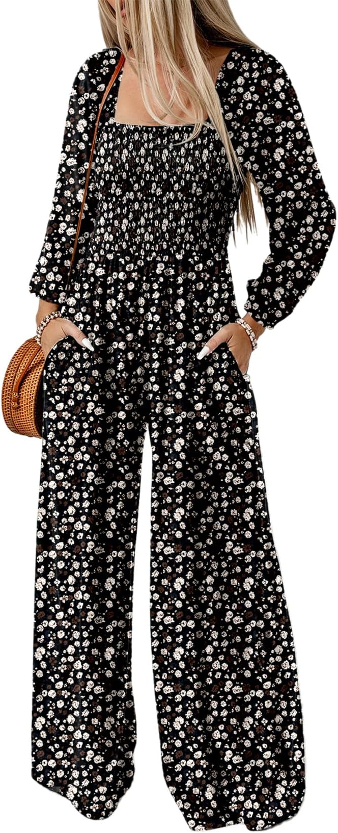 DokotooWomen's Casual Loose Overalls Jumpsuits One Piece Long Sleeve Printed Wide Leg Long Pant Rompers With Pockets