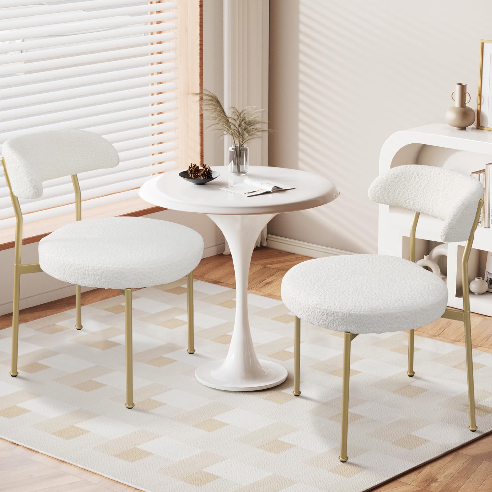 VICBARLEY Boucle Dining Chair Set of 2,Round Seat Upholstered Dining Chairs with Gold Leg,Teddy Kitchen Dining Chair for Dining Room,Living Room(Beige