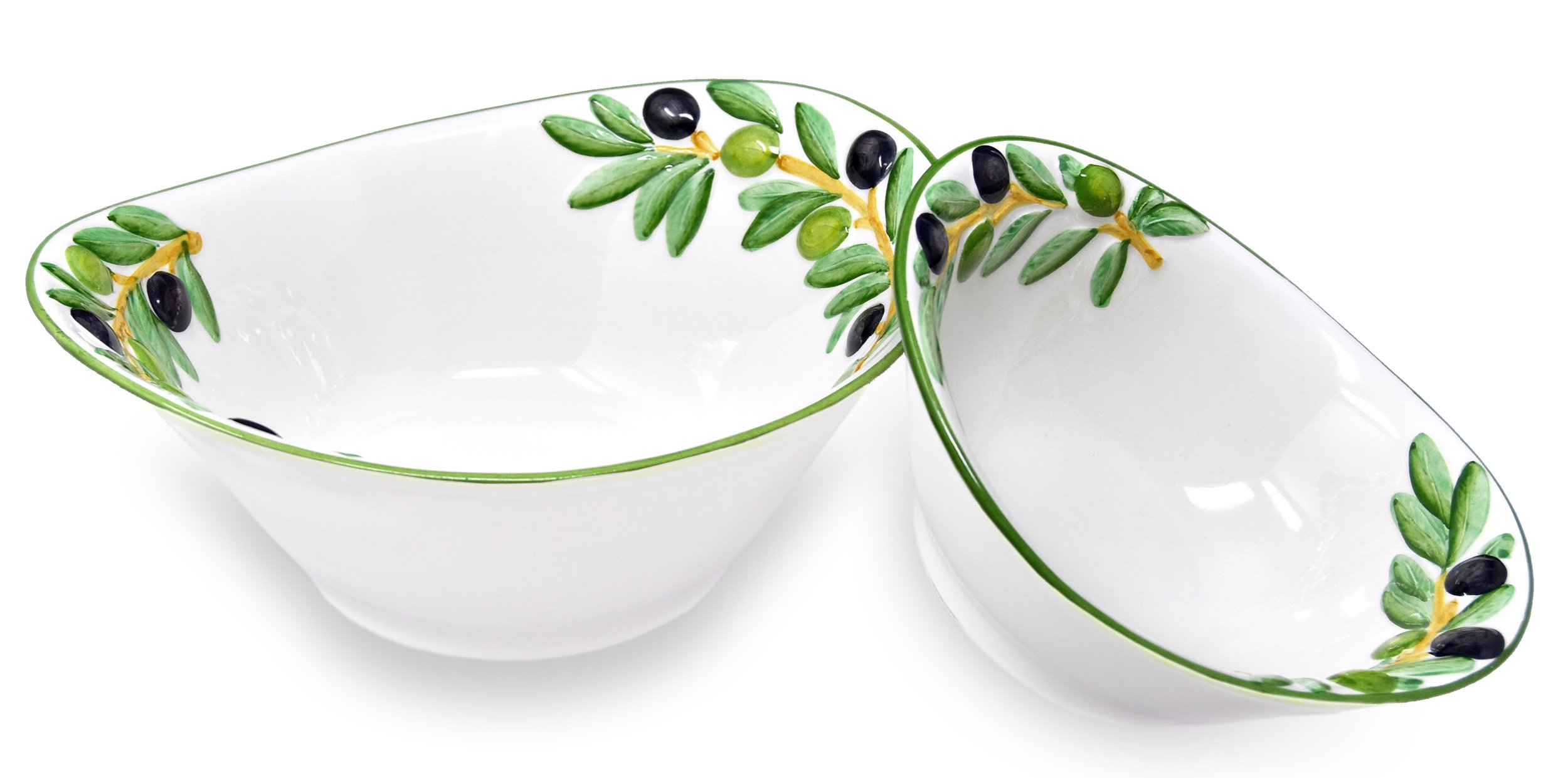 Lashuma 2er Set Handgearbeitete Ovale Keramikschale mit Olivenrelief 20 x 17 cm und Handbemalte Runde Salatschüssel 25 x 21 cm im Geschenkset