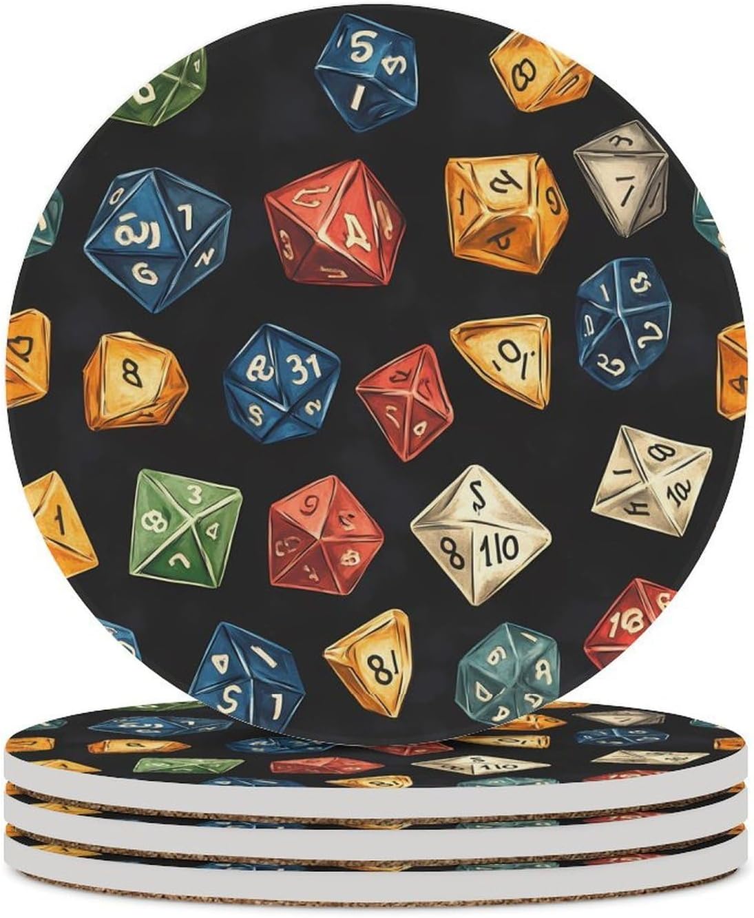 D and 20 Dice Dungeons Round Ceramic Coasters for Drinks Absorbent Cup Holder Tabletop Protector with Cork Base