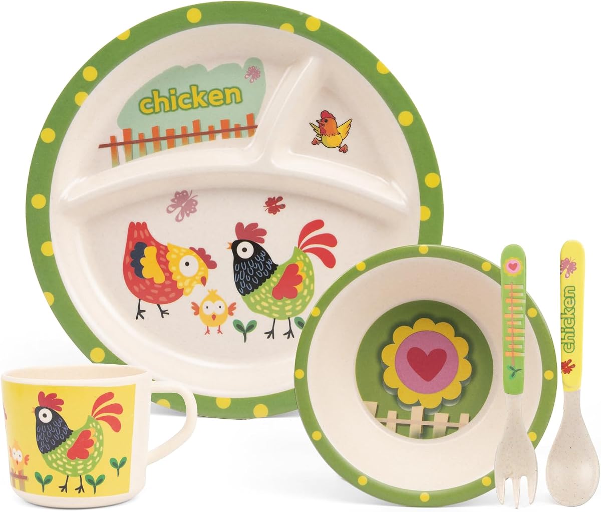 Juego de vajilla para niños, vajilla para la hora de comer de 5 piezas para niños y niños pequeños, incluye plato dividido, tazón, taza, tenedor y cuchara, fibra de bambú natural, sin BPA, apto para lavavajillas (familia de pollo)