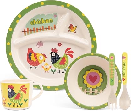 Kids Dinnerware Set, 5-Piece Mealtime Tableware for Children & Toddlers Includes Divided Plate, Bowl, Cup, Fork & Spoon Natural Bamboo Fiber, BPA-Free, Dishwasher Safe Chicken Family