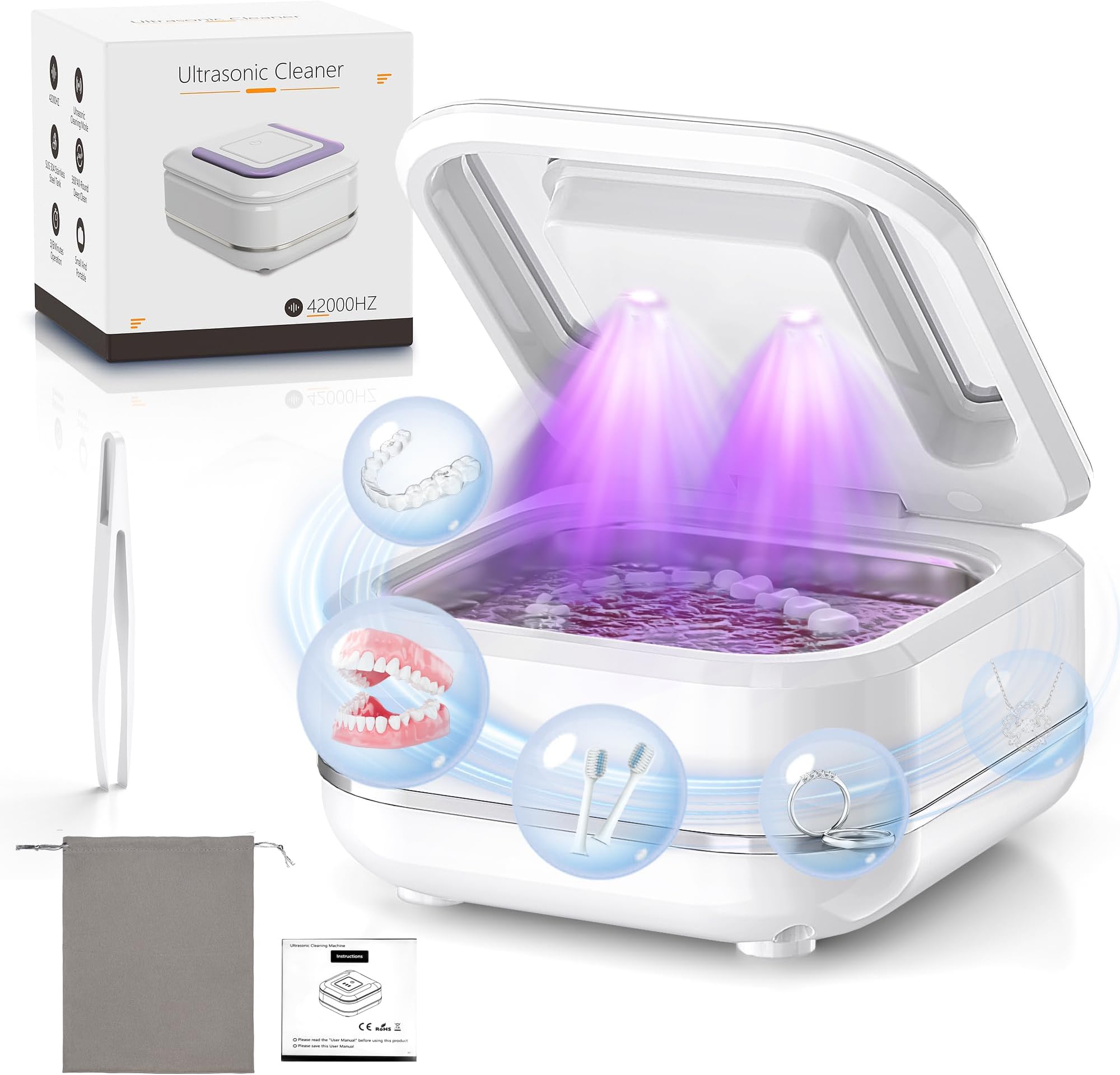 Ultrasonic Retainer Cleaner, 42kHz Ultrasonic Tooth Cleaner with Visible Window and Two Modes,180ML Ultrasonic Tooth Cleaner for Dentures, Retainer11211