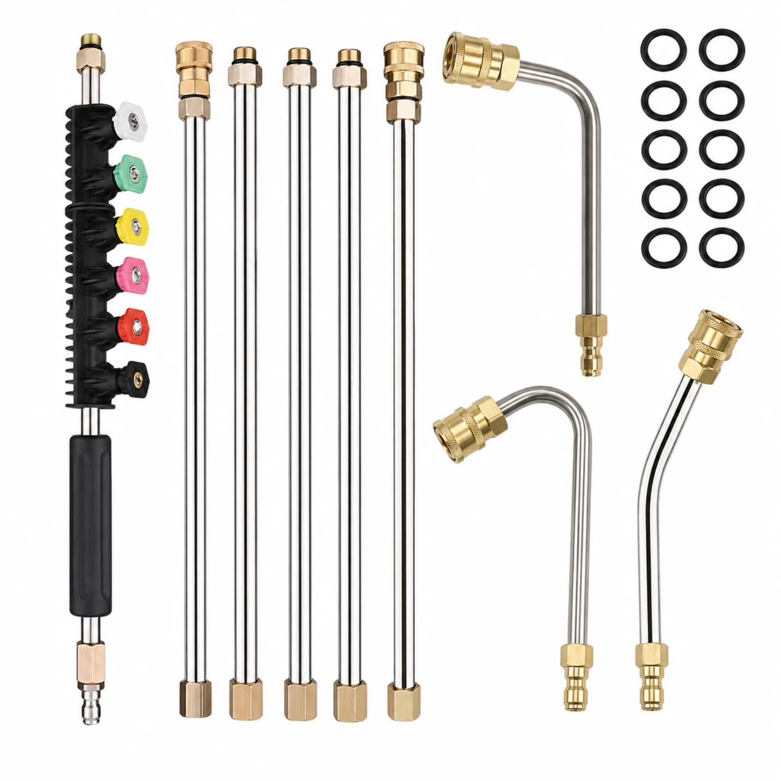 Set di aste di prolunga per idropulitrice ad alta pressione, 10 pezzi, 4000 psi, in acciaio inox con attacco rapido da 1/4", 6 ugelli + 3 barre angolari per tetto, grondaia, facciata e auto