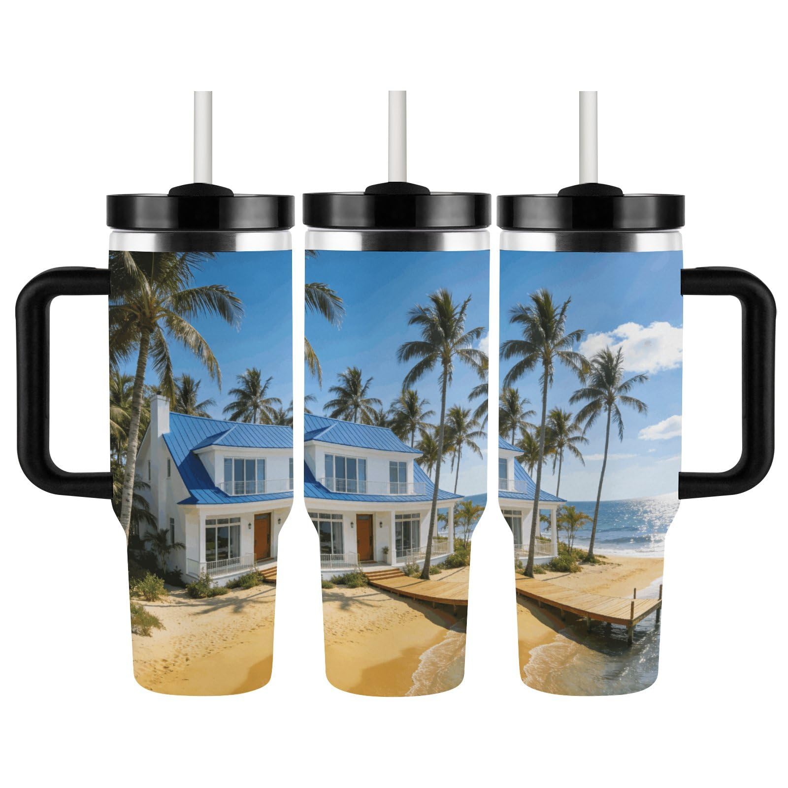 Blue Sea White House - Tazza da caffè da viaggio in acciaio inox, tazza da caffè con coperchio e cannuccia, tazza con manico, grande capacità, doppia parete, sottovuoto, a prova di perdite