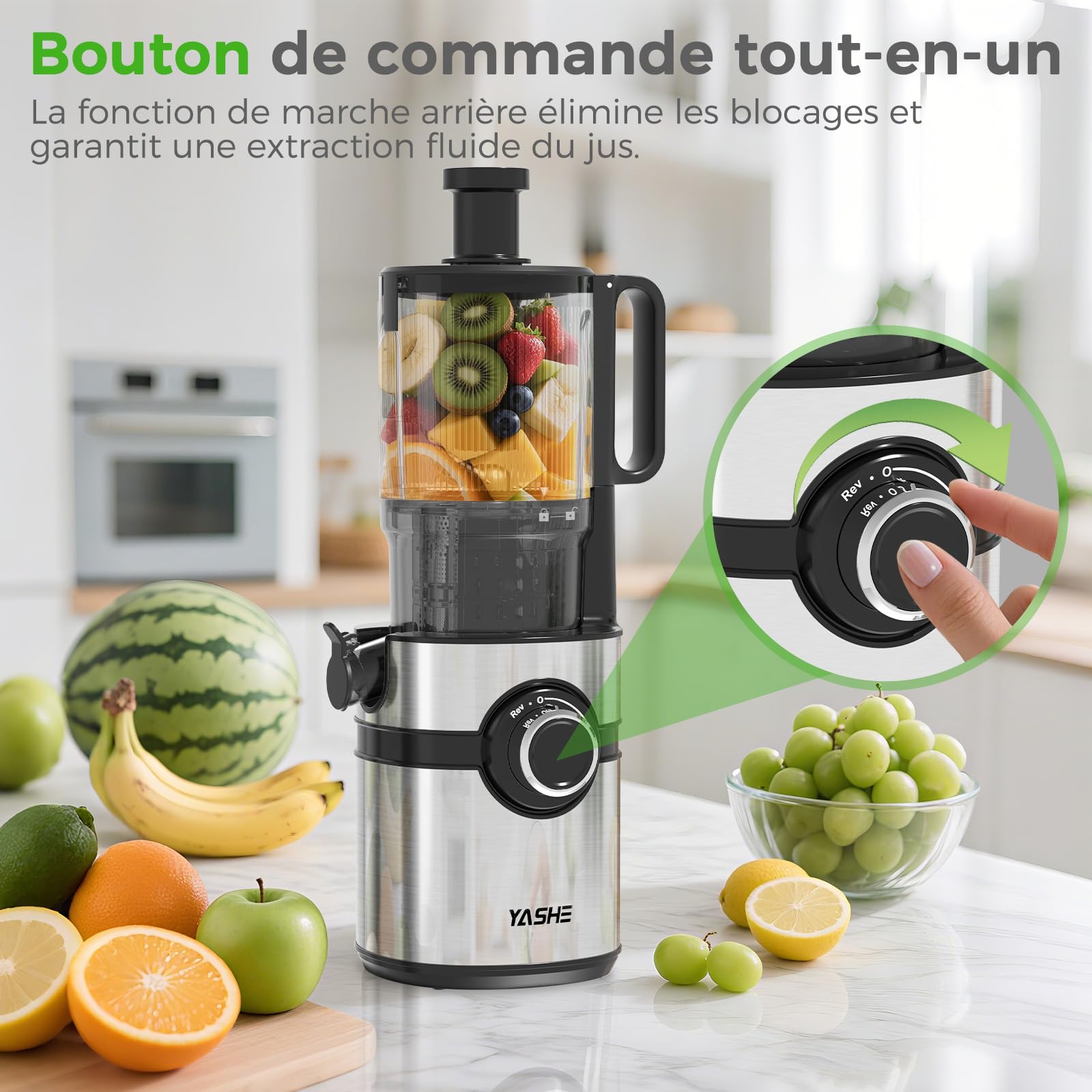 YASHE Extracteur de Jus à Froid, Slow Juicer 127 mm, 50 Tr/Min, Sans BPA, Noir