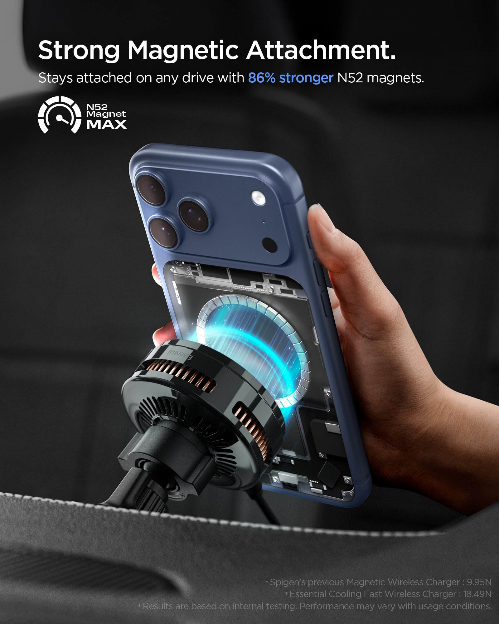 Spigen Essential CryoMax MagFit Qi2.2 25W [Raffreddamento Peltier] Caricatorer Wireless Auto per Cellulare, Cavo Incluso, Supporto Telefono Ricarica MagSafe Compatibile con iPhone 17/17e/16/15/14