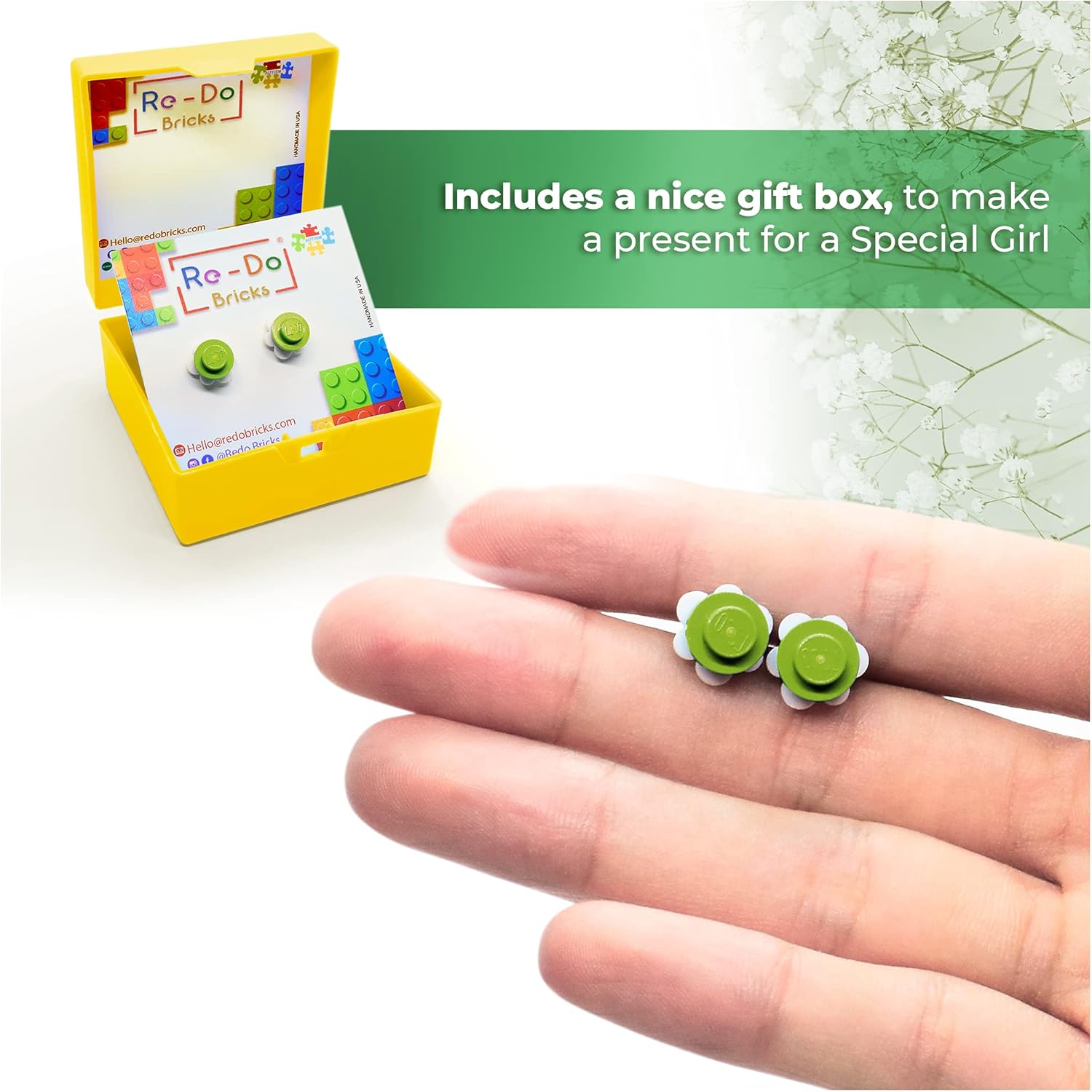 Flower Brick Studs Earrings by Redo-Bricks | Little Flower Collection | Limited Edition | Cute Comfortable and Durable for Girls and Women any age (White-Green)
