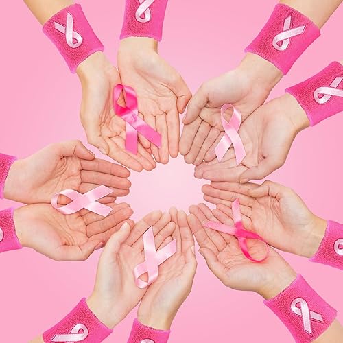 Miniatura 2 de Leyndo 100 muñequeras de cinta rosa para concientización sobre el cáncer de mama, muñequeras para gimnasia, deportes, muñequeras de algodón,