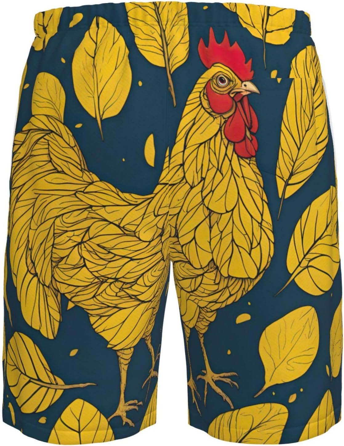 Mens Yellow Leaves Chicken Print Beach Shorts,Casual Summer Shorts for Men,Quick Dry Polyester