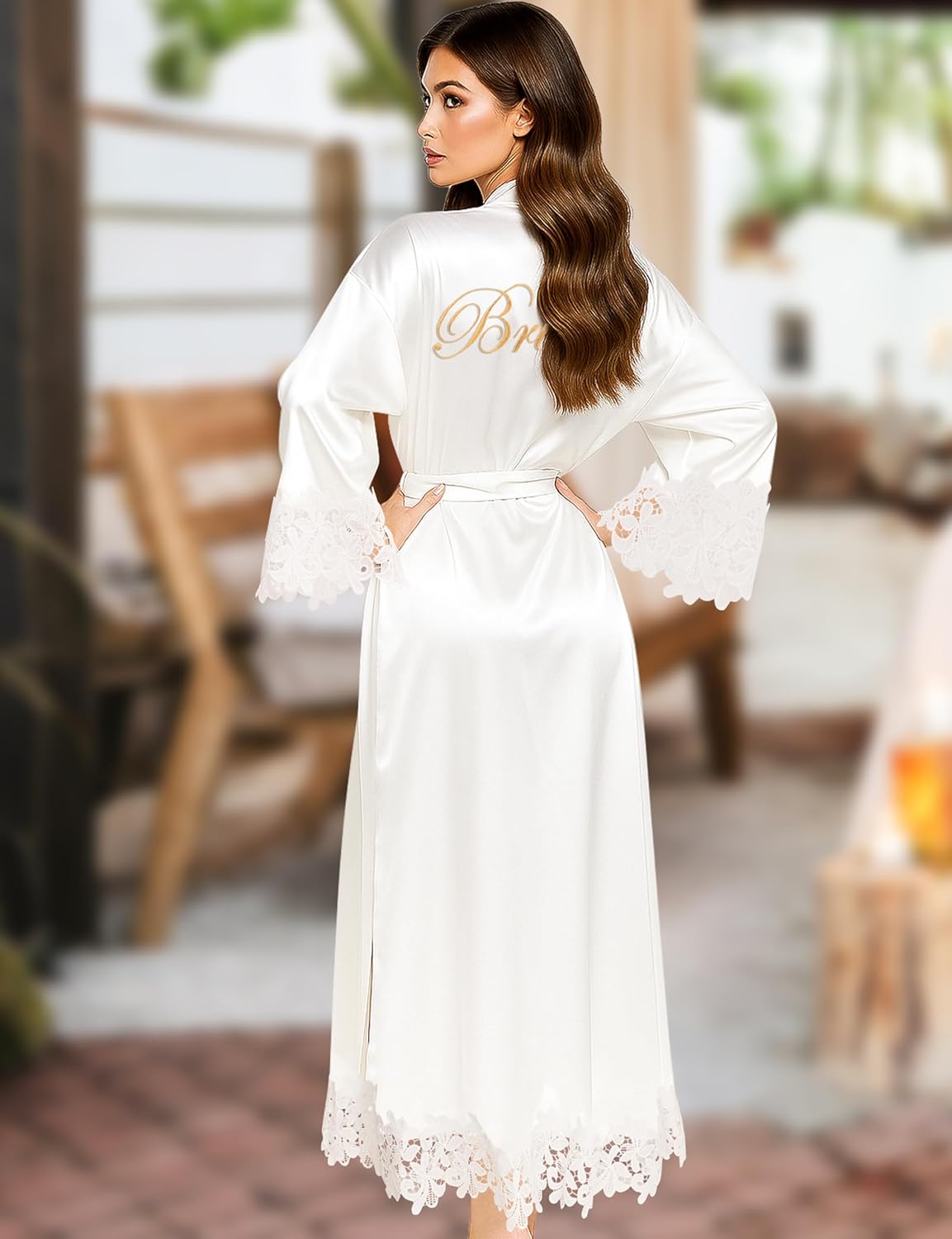 EPLAZA Bride Robe for Wedding Day Lace Trim Long Bridal Kimono Robes with Embroidery Bachelorette Party Getting Ready Outfits - Image 6