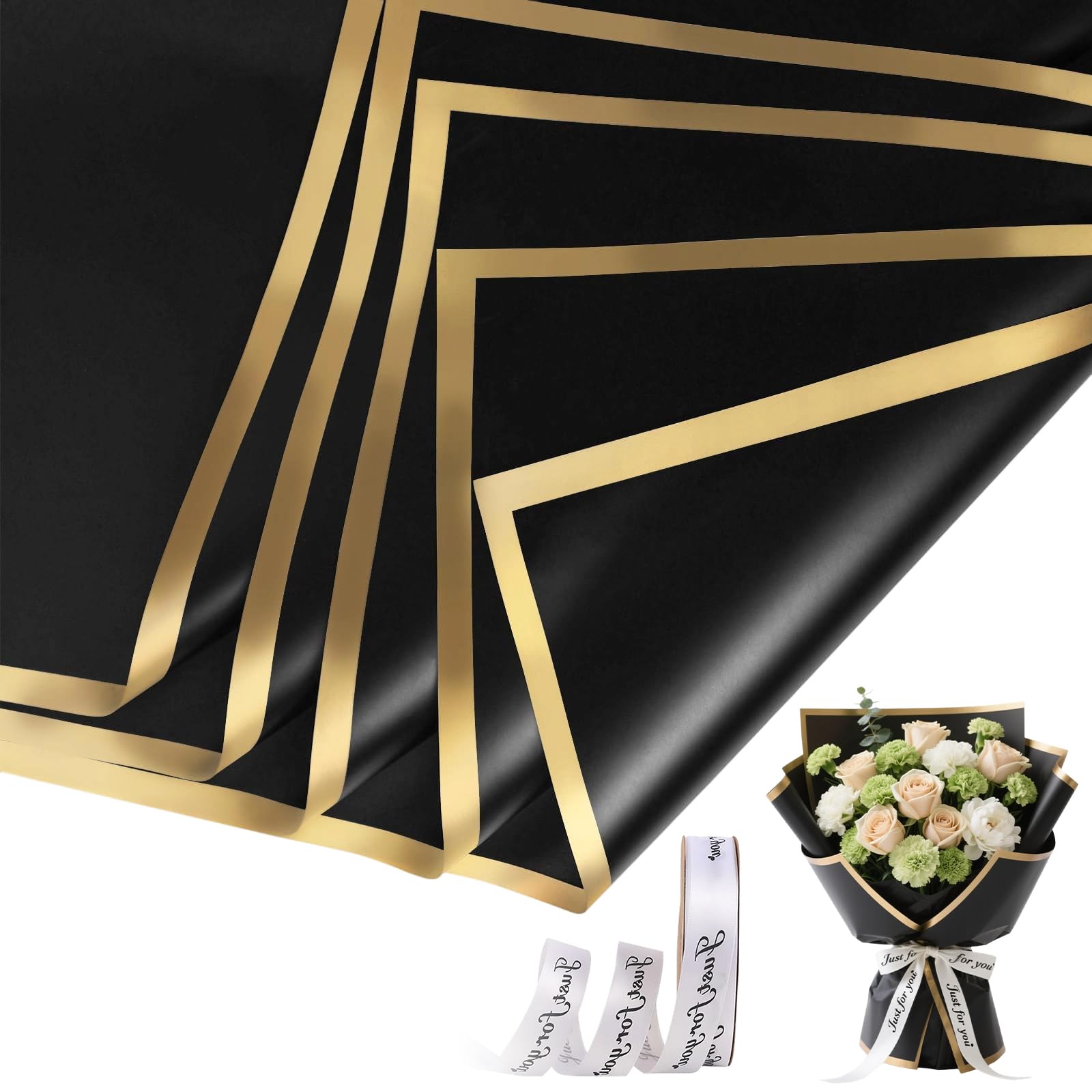 wlertcop 20 Sheets Flower Bouquet Wrapping Paper,Waterproof Flower Wrapping Paper,Flowers Gift Wrapping Paper with Rolls Ribbons for DIY crafts,Flowers shop bouquet packaging(22.8"Black)