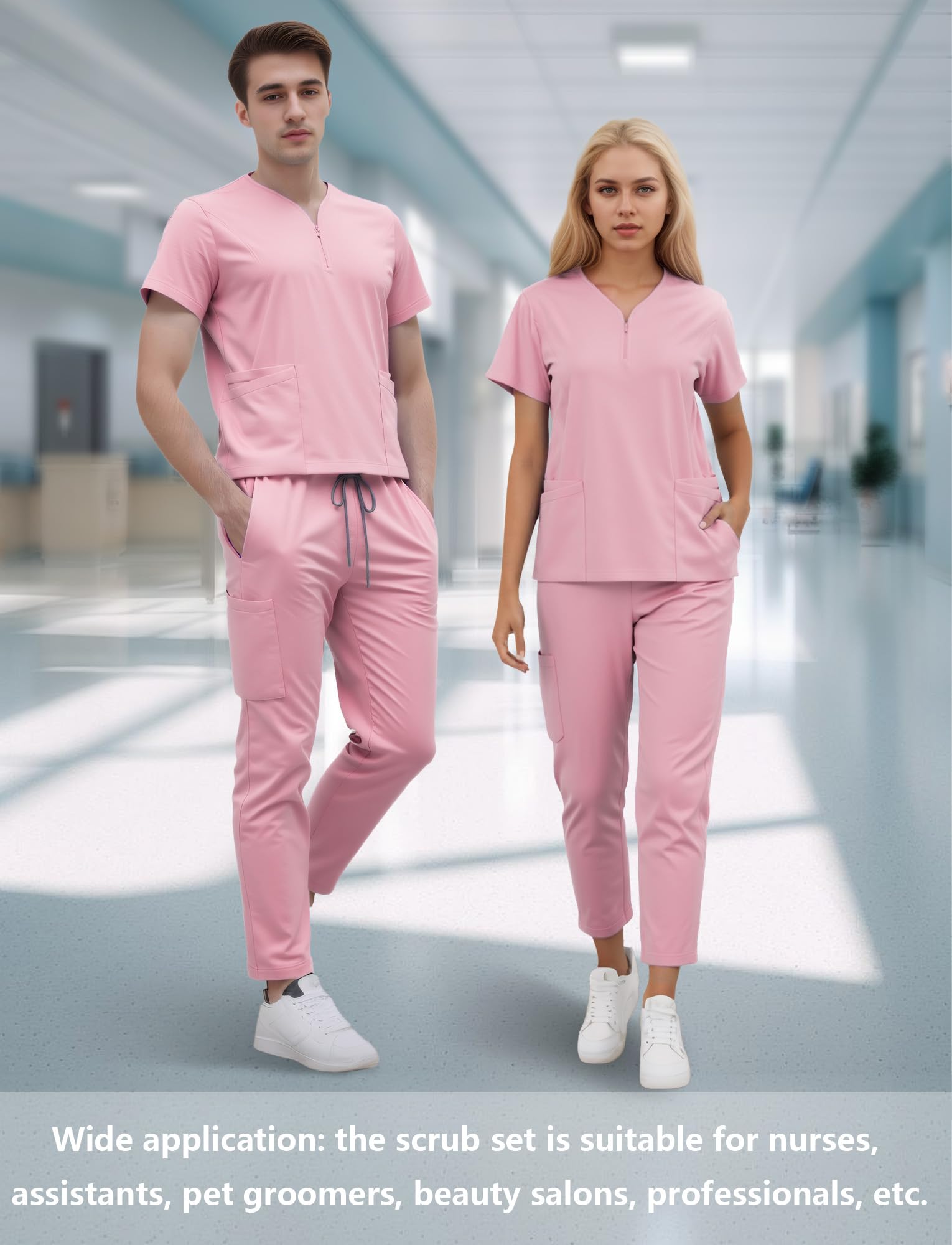 Unisex Scrub Set Slip-On Enfermera Túnica Zip Up Manga Corta Cuello de Pico Túnica Pantalones Trajes Uniformes Médicos con Parte Superior y Pantalones Ropa de Trabajo Hospital