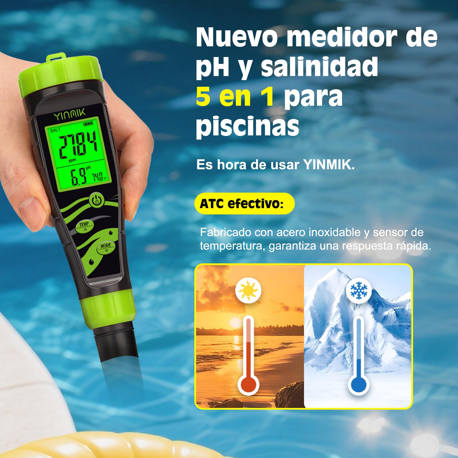 YINMIK Medidor Digital de pH y Salinidad para Piscinas 5 en 1, Tester Acuático EC TDS PPM, Comprobador de Conductividad para SPA, Hidroponía, Acuario y Agua Potable
