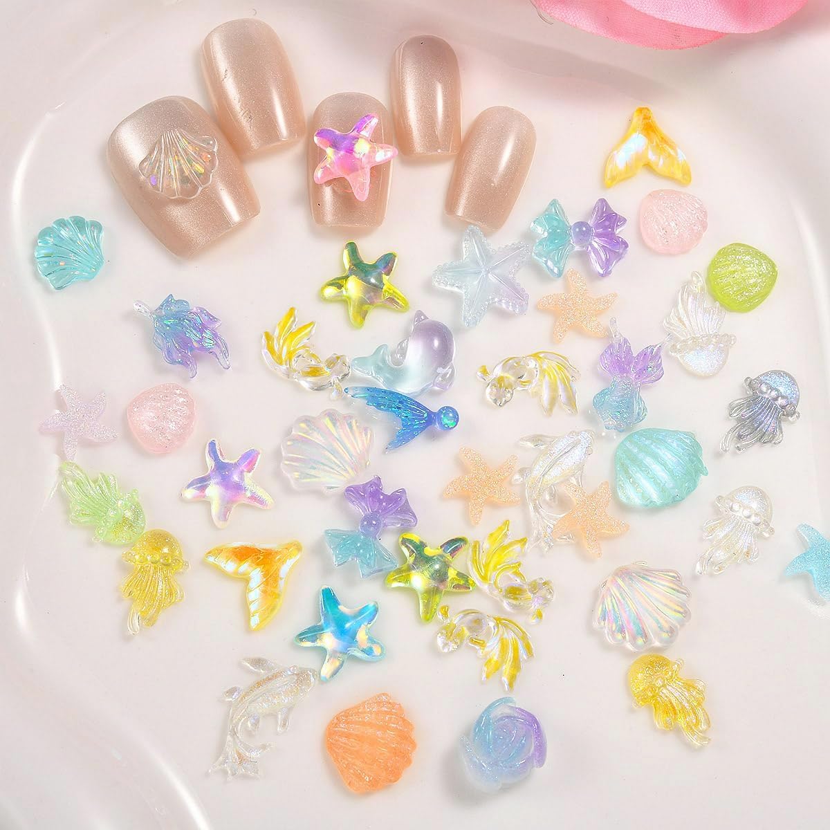 MAYCREATE® 50PCS Summer Beach Nail Resin Charms Ocean Theme Nails Rhinestone Diamonds 3D Starfish Charms Sea Shell Starfish Dolphin Fishtail Nails Gem for Women DIY Nail Art Decoration - Image 3 thumbnail