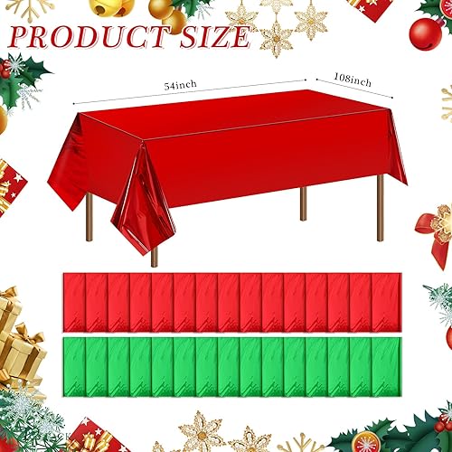 Miniatura 2 de Tatuo Mantel rectangular desechable de papel de aluminio de Navidad verde y rojo, 54 x 108 pulgadas, mantel de plástico impermeable metálico para