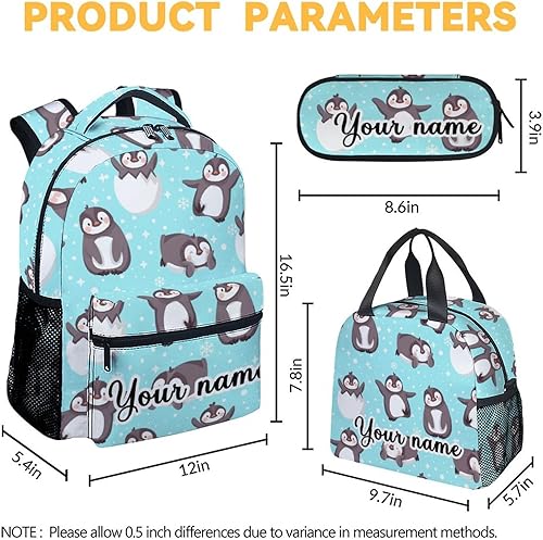Miniatura 4 de Mochila personalizada de pingüinos con lonchera y estuche para lápices, mochila escolar de 16 pulgadas con correas ajustables, duradera, ligera, de