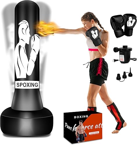 Saco de boxeo pesado con soporte para adultos, saco de boxeo independiente de 70 pulgadas con guantes de boxeo y bomba de aire eléctrica, bolsa de