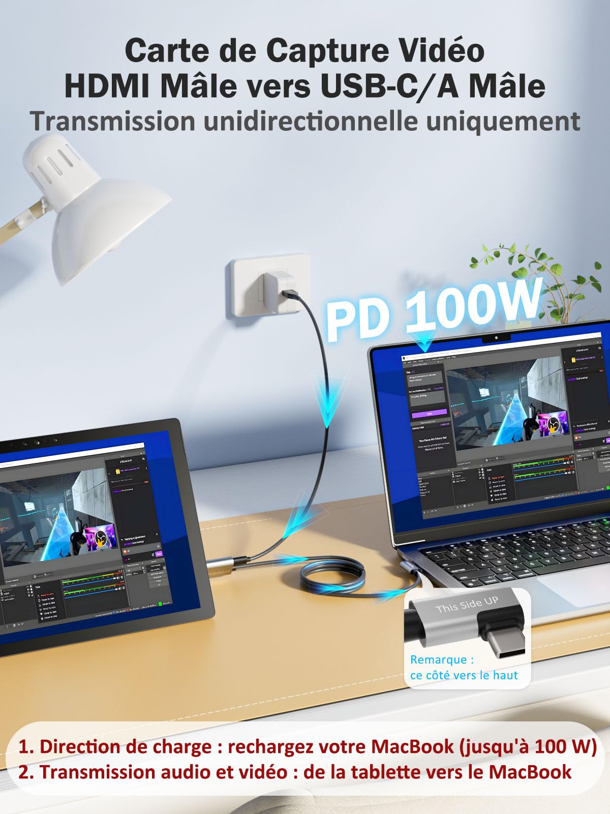 Carte de Capture Vidéo avec PD 100W pour Meta Quest 2/3/3s, Adaptateur HDMI vers USB C/A 1080P60, Plug & Play pour Streaming, Enregistrement de Jeux, OBS, Switch, PS4/5, Xbox, Caméra, VR