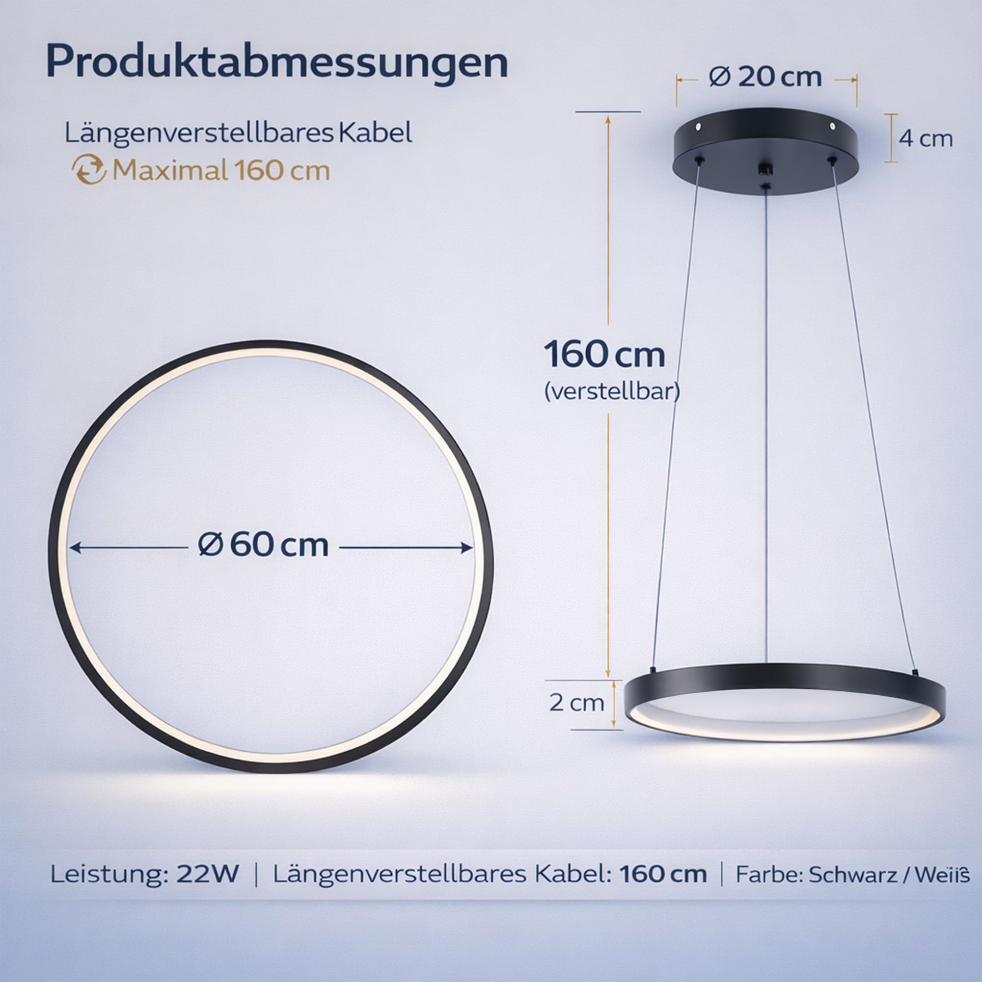 LED Pendelleuchte Esstisch Hängelampe Ring 22W Schwarz 60cm | Hängeleuchte Mit 3 Farbtemperaturen Modern Aluminium Kronleuchter Hängend 160cm Höhenverstellbar Für Esstischlampe Küchen