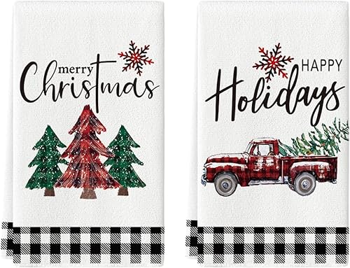 Artoid Mode Toallas de cocina con árboles de Navidad y camión blanco y negro, 18 x 26 pulgadas, paño de secado ultra absorbente para cocinar
