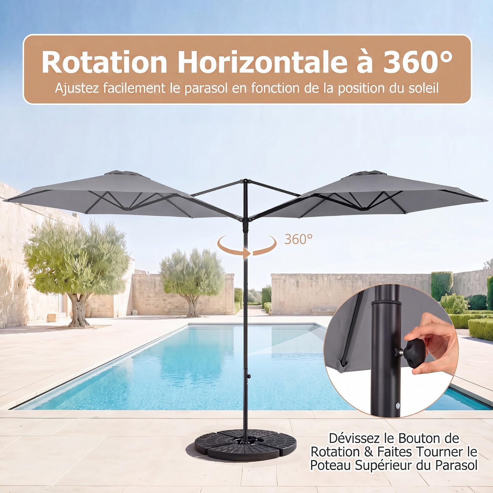 COSTWAY Parasol Déporté Hexagonale à Pied, Hauteur 240 CM (Gris)