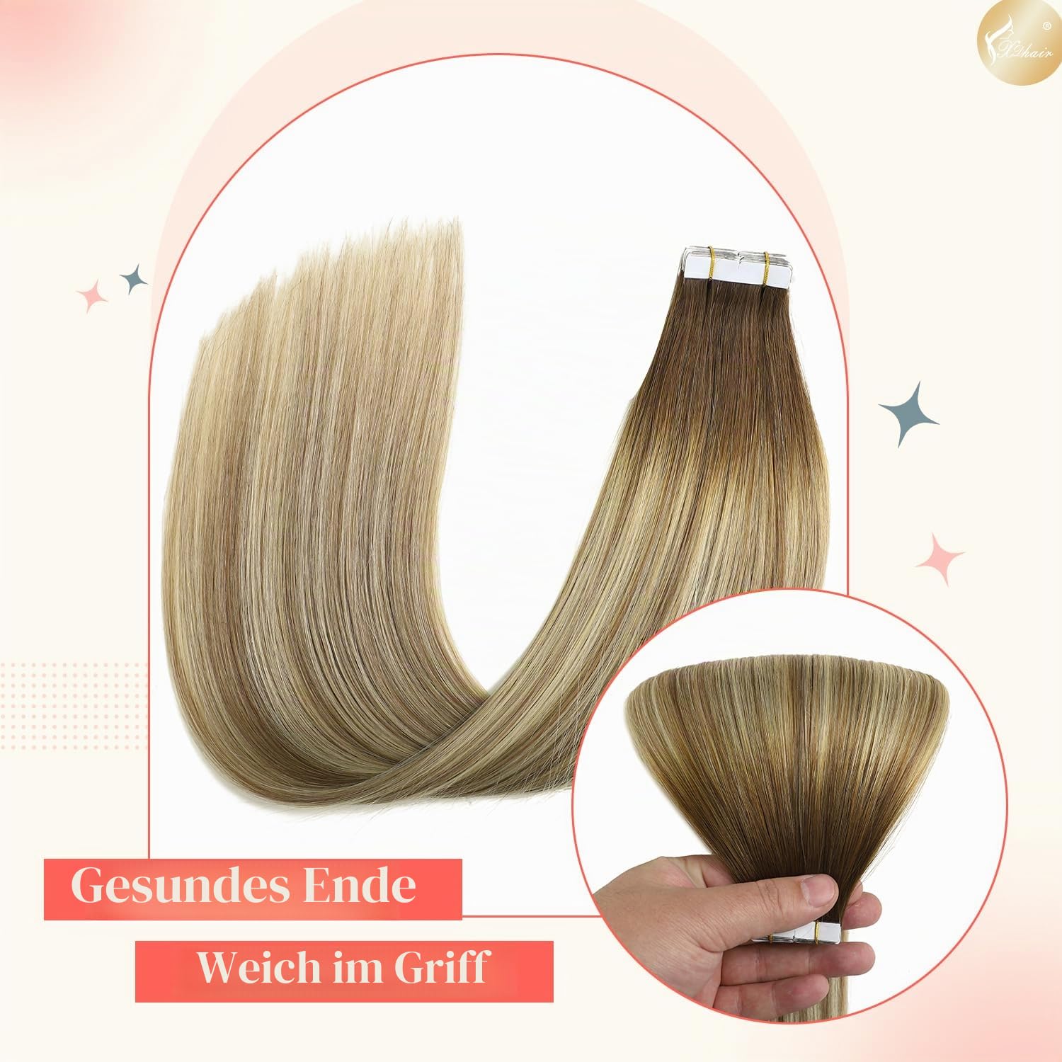 XDhair Tape Extensions Echthaar Walnuss Braun bis Ash Braun and Goldblond | 50cm 20pcs 50g,Extensions Echthaar,Invisible Remy Tape in Echthaar Extension in der Farbe #3/8/22