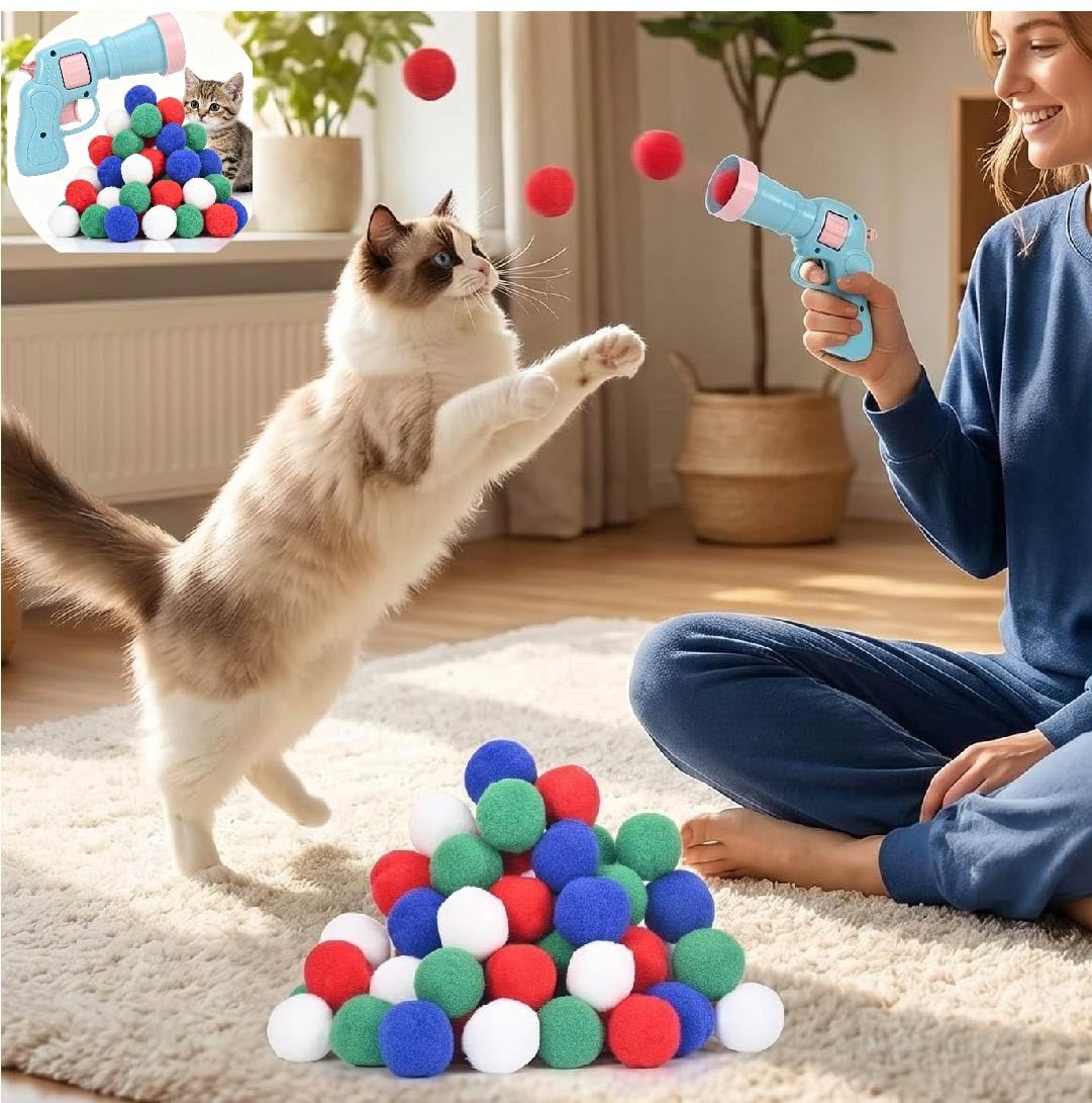 Katzenspielzeug, Launcher-Set mit 50 Bällen, Sanftes interaktives Haustier-Spielzeug, sicheres leises Kuschelspielzeug für aktiven Indoor-Spielspaß von Katzen und Hunden