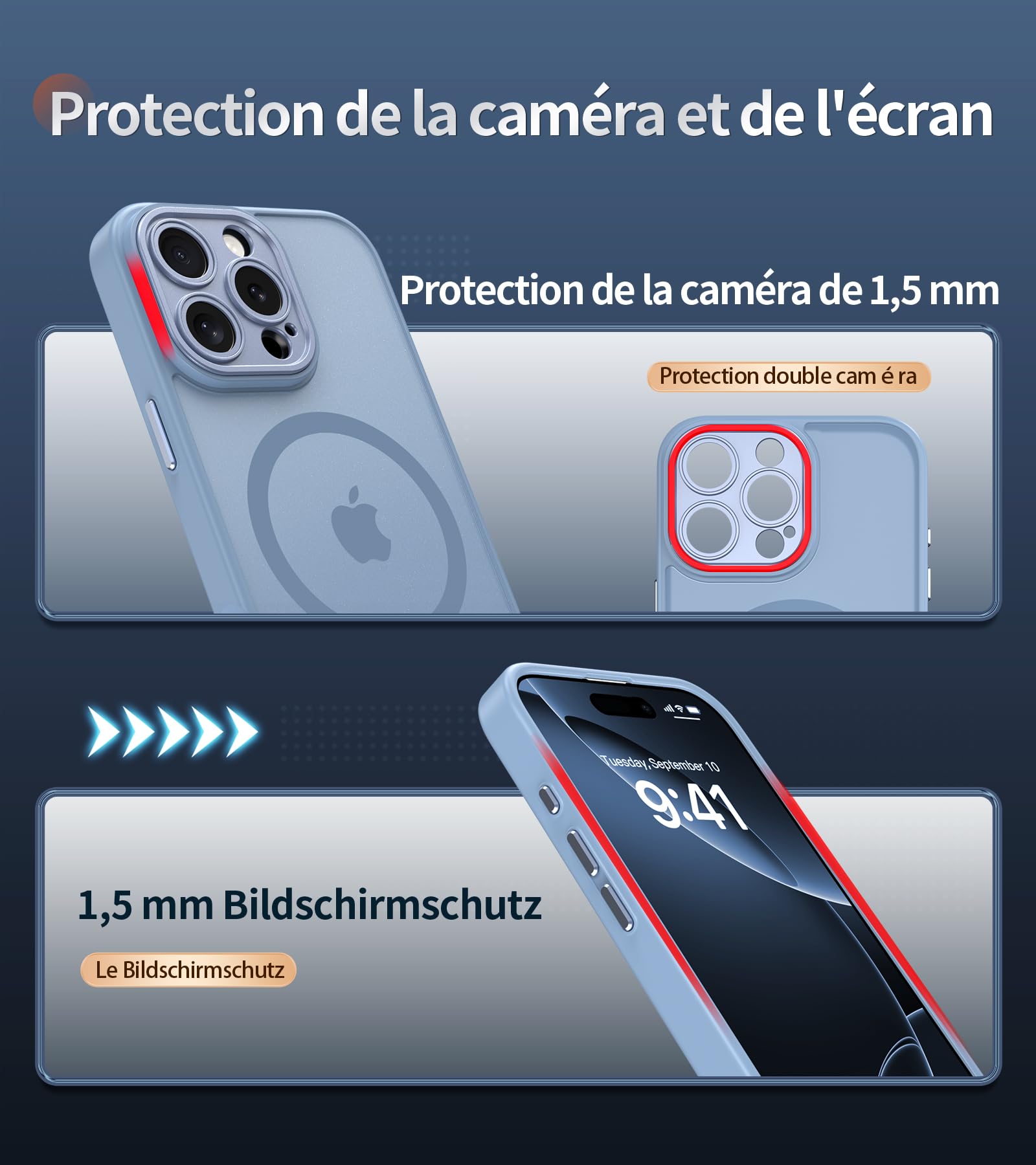 FLLAO Cover Magnetica per iPhone 16 Pro Custodia e 2 Pellicole in Vetro Temperato, Cover iPhone 16 Pro Magsafe, Custodia Traslucida Opaca Posteriore Sottile Antiurto Protettiva Case, Blu