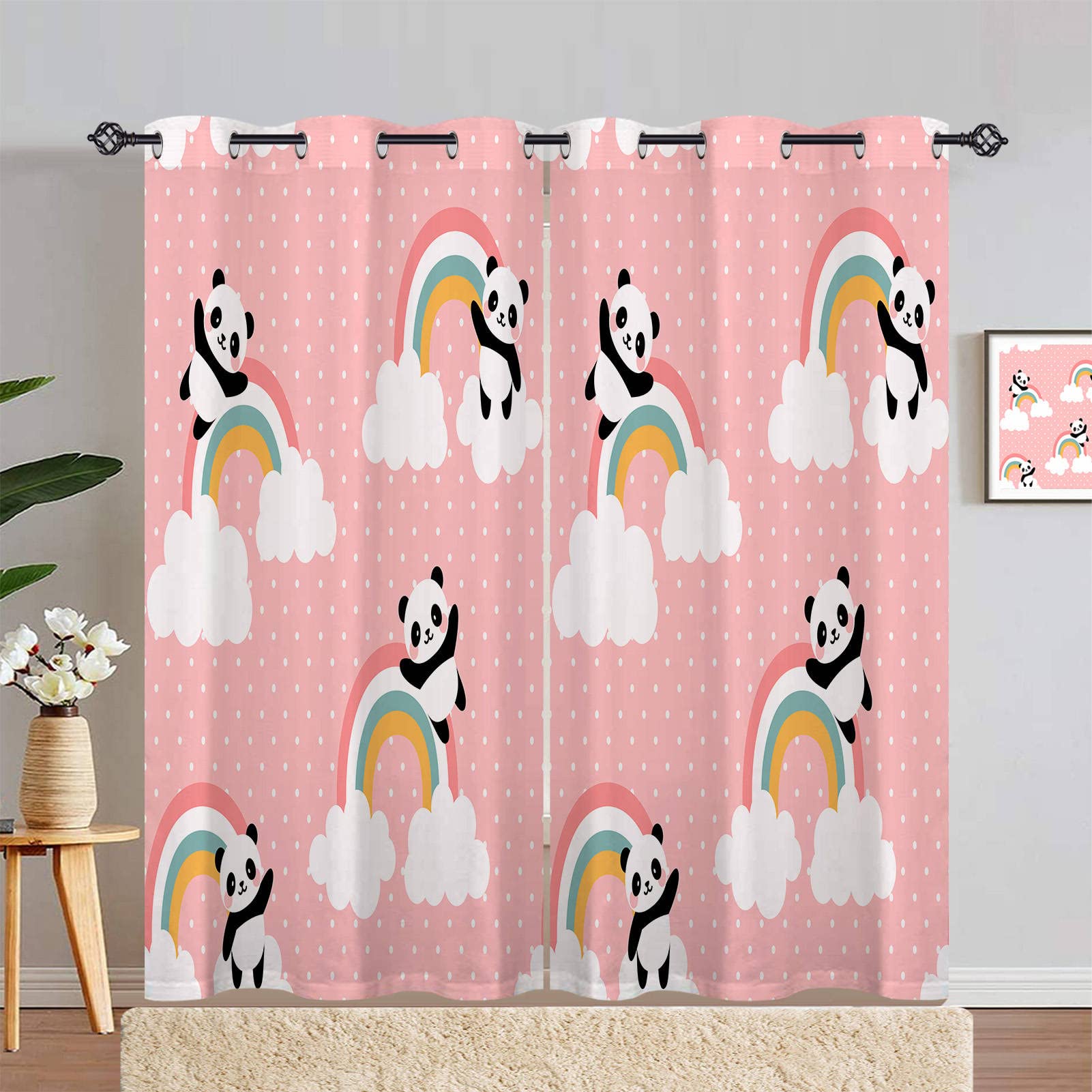 ANHOPE Panda Curtains Eyelet 80% Blackout Room Darkening Curtains Panda Bear Cloud Rainbow Print Pattern Thermal Light Blocking Window Drapes for Kids Bedroom Living Room 66 x 72 Inch Drop 2 Panels