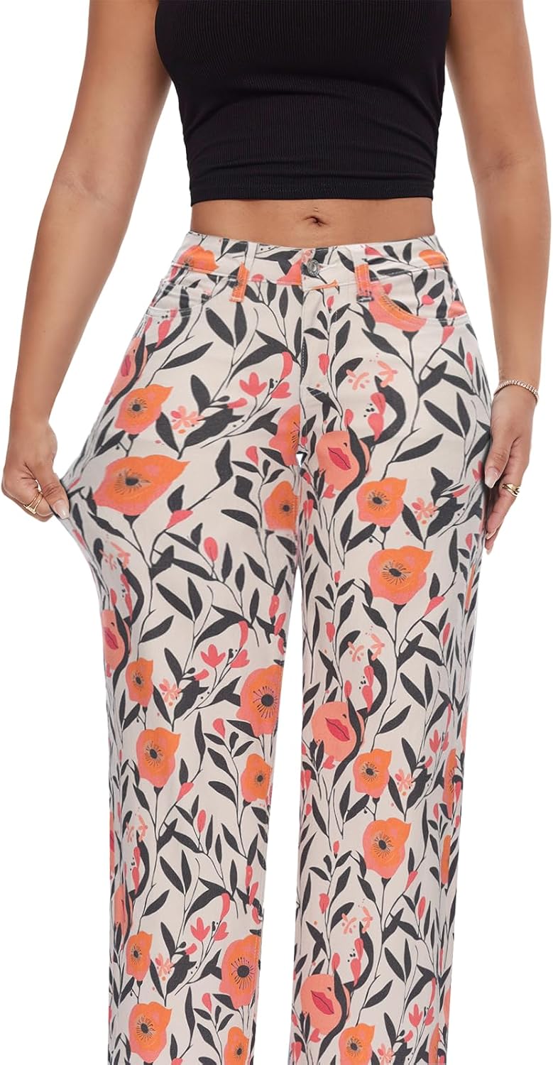 ONESO Mid-Low Rise Baggy Jeans Wide Leg for Women Distressed Pants Stretchy Bottom Lady Basic Comfortable Denim