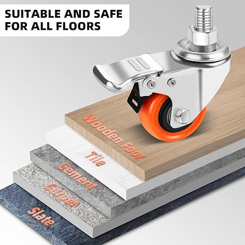 Miniatura 6 de W B D WEIBIDA Ruedas giratorias resistentes de 3 pulgadas con doble bloqueo, ruedas de vástago roscado UNC 38"-16x1", ruedas giratorias sin ruido,