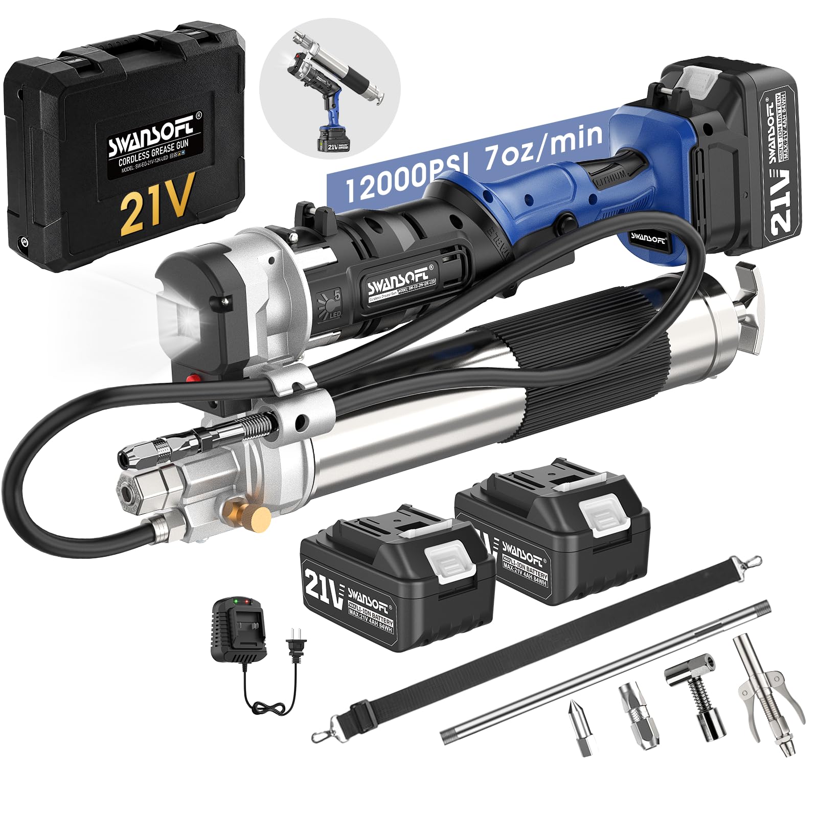 SWANSOFT Ingrassatore elettrico aggiornamento 700 g/min 21V 4Ahx2 batteria ingrassatore | 12.000 PSI Pistola per grasso senza fili 2 in 1 per la costruzione di camion e fattoria con 4 accoppiatori