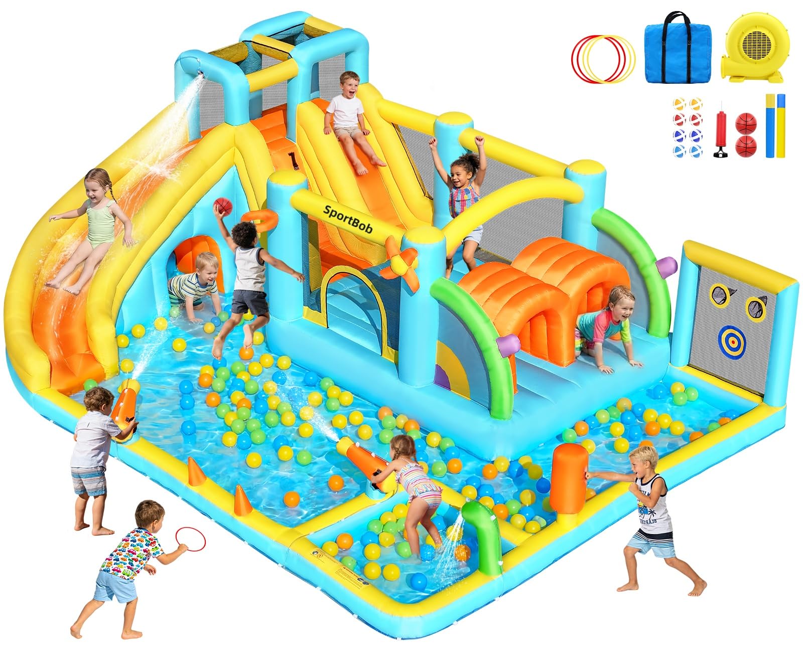 Hüpfburg mit Gebläse,Indoor/Outdoor Hüpfburg mit Rutsche, 2 Tunneln, Planschbecken, Sprungbereich, Basketballkorb für Hinterhof, Park und Familienzusammenkünfte,565x425x210 cm