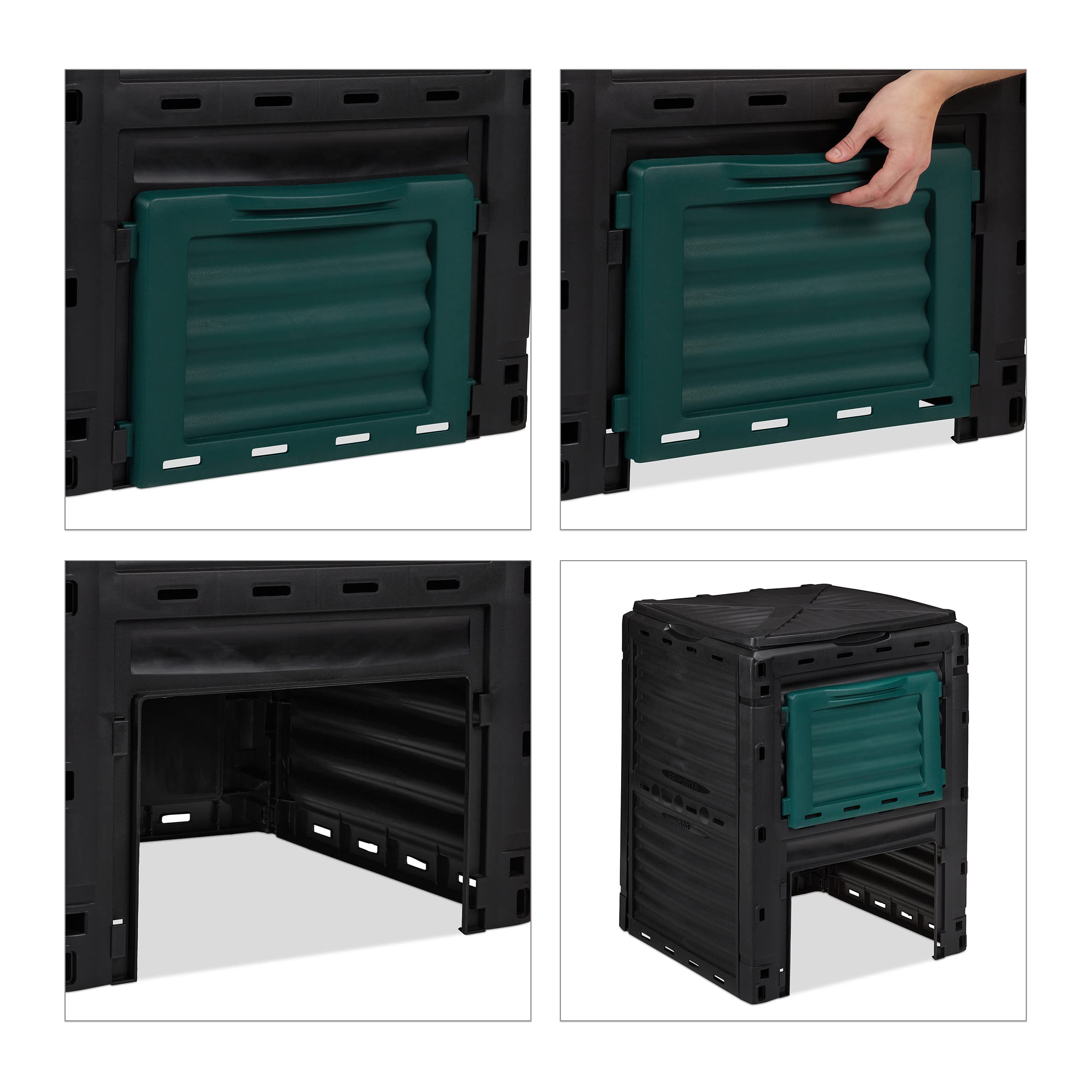 Relaxdays Compostiera da Giardino in Plastica, 230 l per Compost, Contenitore per Foglie, HxLxP: 80 x 60 x 57 cm, Nero