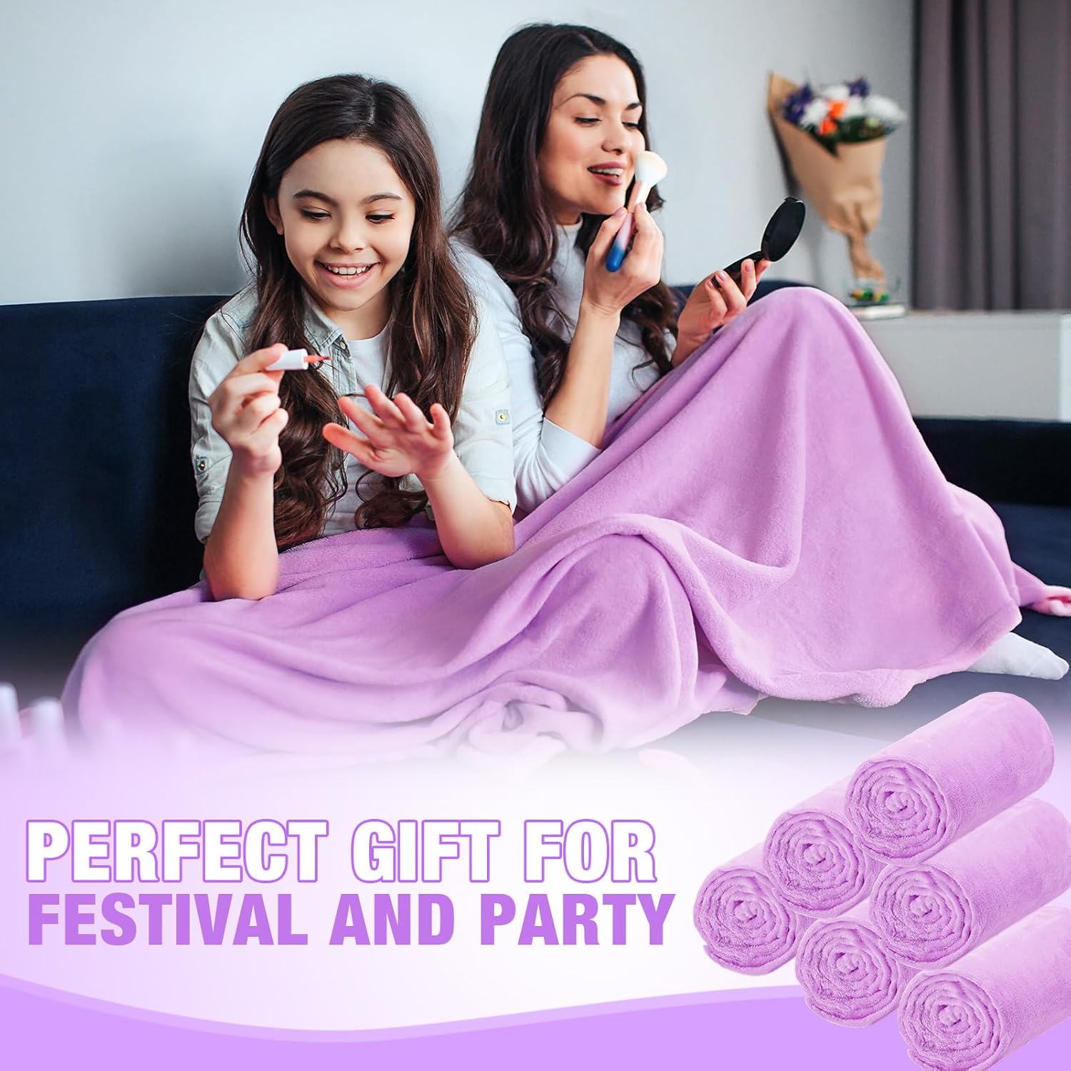 6 Pcs Valentine's Fleece Throw Blanket for Girl Soft Flannel Throws for Galentine's Party Sleepover Slumber Favors Cozy Movie Night Blanket Set(Light Purple,40 x 60 Inch) - Image 4