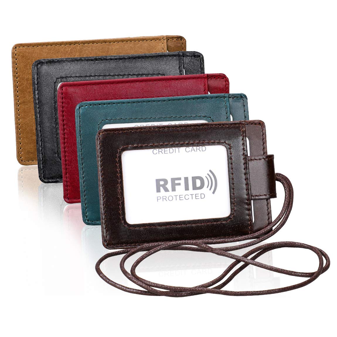 Uchwyt na identyfikator blokujący RFID, 2-stronny pionowy portfel na karty kredytowe z prawdziwej skóry, z 1 okienkiem na dowód osobisty, 3 przegródki na karty i smycz / pasek na szyję