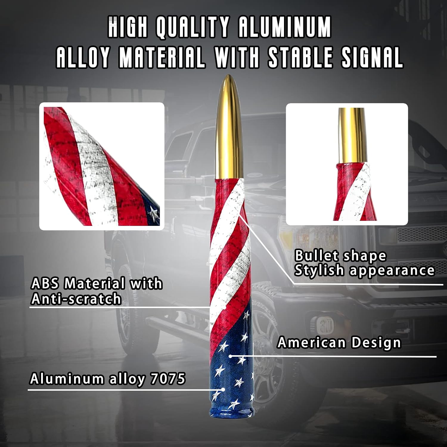 Car Truck Bullet Antenna with Valve Stem Caps for F150 F250 F350 Super Chevrolet Duty Raptor Dodge Ram 1500 2500 3500, Truck Accessories（Gold ）- American Flag Design