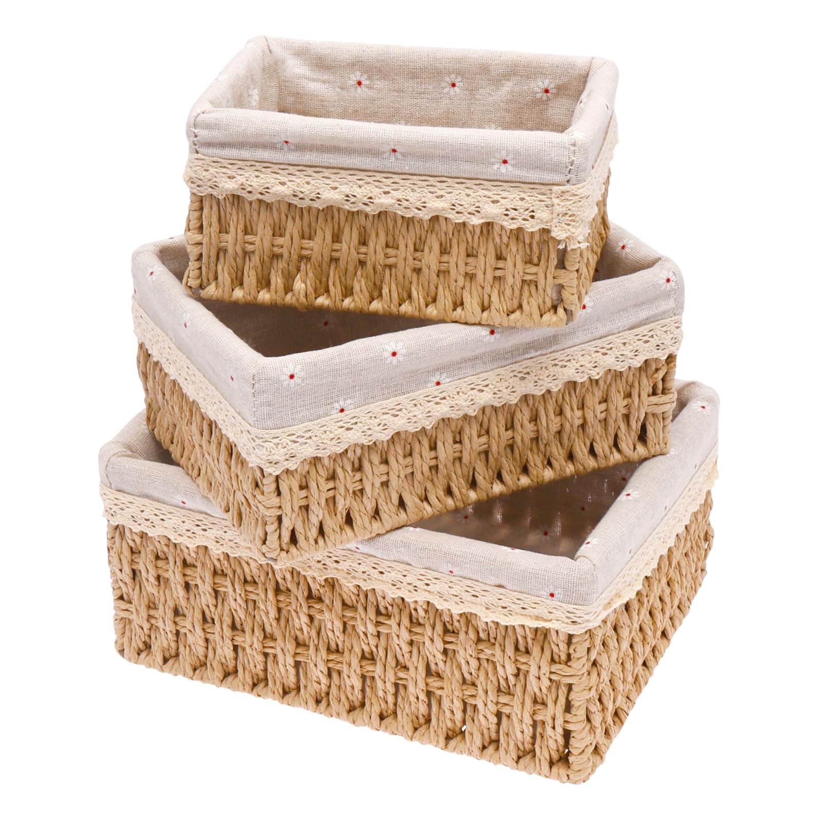 Guijzsltrg Khaki Set Of 3 Storage Baskets, 3 Size Handmade Woven Bathroom Box, Natural Paper Rope Changing Bin Woven Hamper Basket For Bathroom, Toilet, Makeup, Bedroom, Cosmetic, Toys, Table Organiser