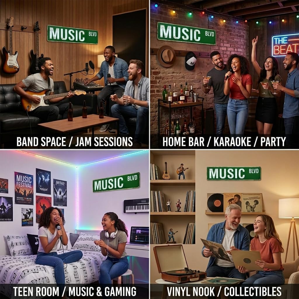 MUSIC BLVD Street Sign, Metal Decor for Music Room & Studio, 4x15 Inch Rustproof Aluminum Wall Art for Teen Bedroom - Gifts for Musicians & Lovers