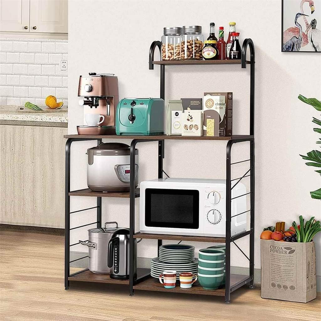 5 Tiers Industrial Wooden Bakers Rack Utility Storage Shelves Cart Oven Stand Organizer Rack Vintage Brown (Black 1pcs) (Black 1pcs)
