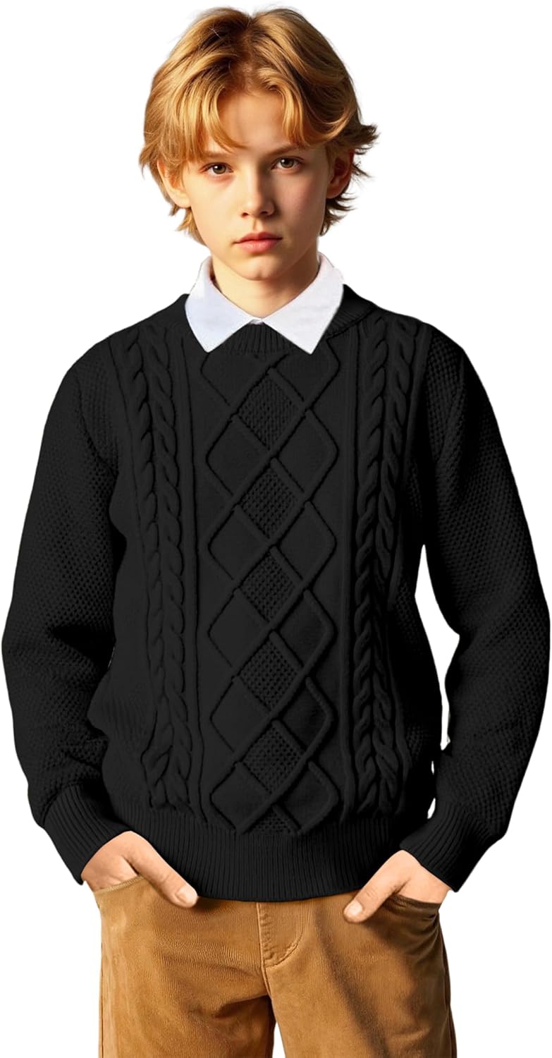 Boys Long Sleeve Crew Neck Sweaters Unisex Kids School Lightweight Cable Knit Pullover Sweater Tops