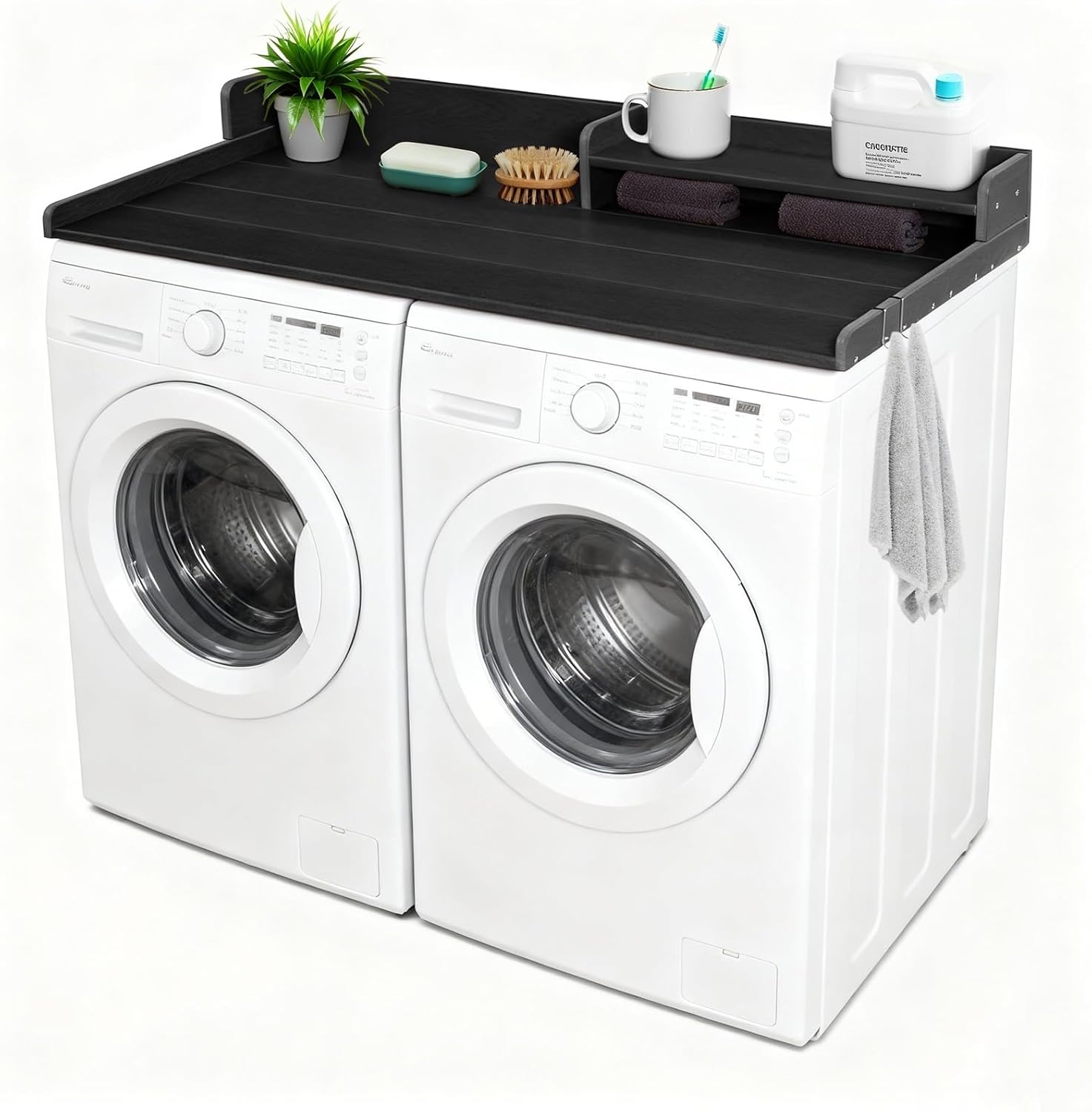 Washer and Dryer Countertop with Shelf, HDPE 2-Tier Laundry Countertop, 54" Wide Laundry Machine Topper with 2 Hooks & Non-Slip Pads for Laundry Room Organization and Folding Clothes (Black)