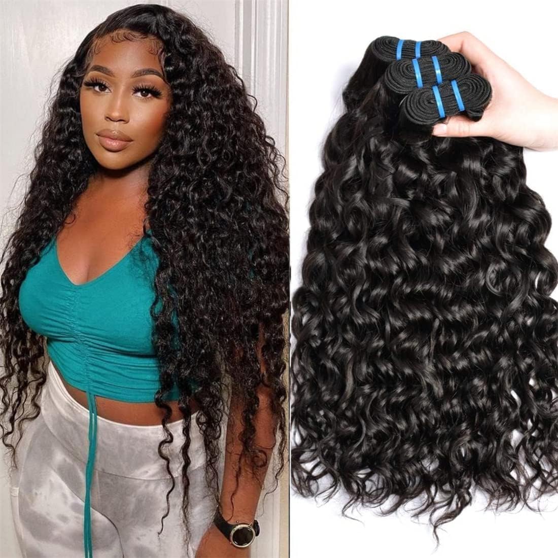 Vanmast Tissage Bresilien en lot 3 Faisceau Curly Hair Cheveux Naturel Brésilienne Tissage Cheveux Humain Boucle Mèches Bresiliennes Naturelles Water Wave Human Hair Bundles 20 22 24 Pouces