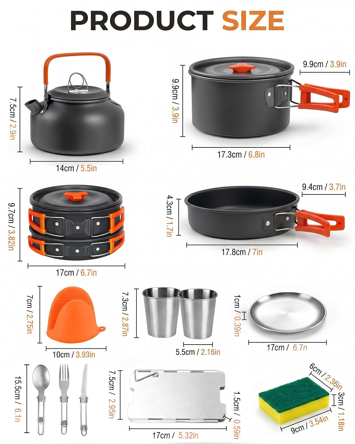 Set di pentole da campeggio per 2-3 persone, 17 pezzi, in alluminio, con bollitore, piatti, tazze e parabrezza, attrezzatura leggera da cucina per campeggio per escursioni e picnic