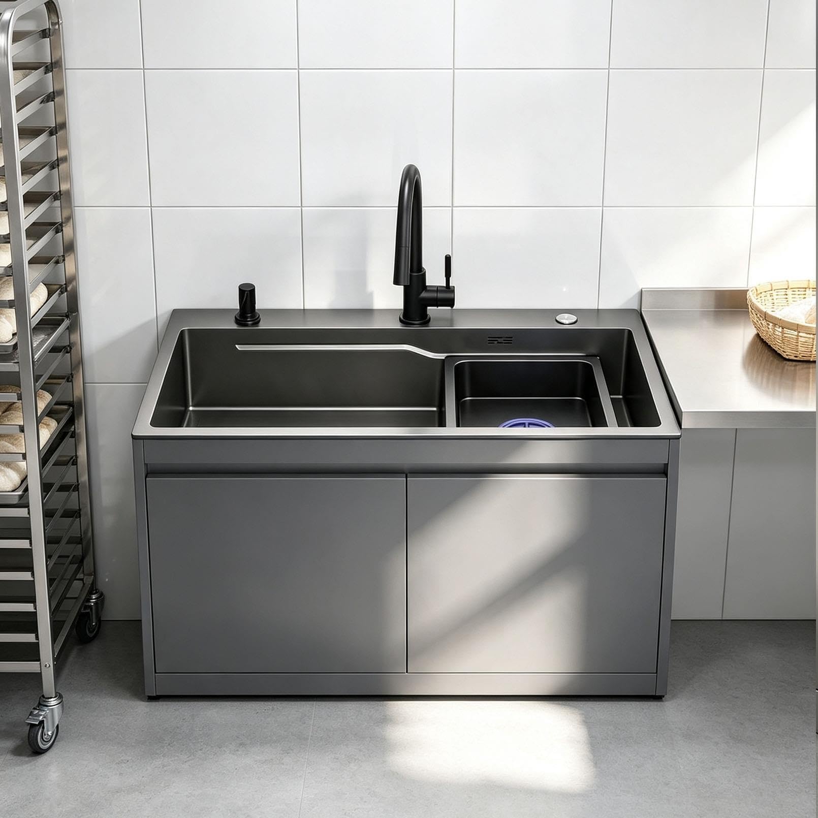 Wolnostojący Zlew z Baterią i Ociekaczem, Szafka Aluminiowa, 65/80cm