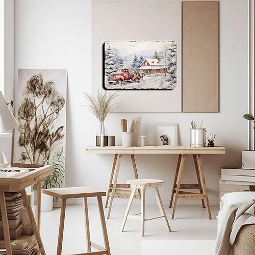 Miniatura 4 de Letrero de aluminio para árbol de Navidad, camión rojo, para invierno, vintage, para baño, jardín, retro, tienda, cafetería, 8.00 x 12.00 pulgadas