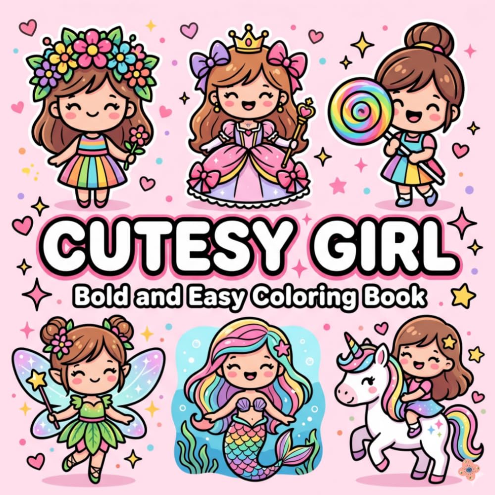 Cute Girls Coloring Book: Fun and Easy Designs for Kids, Teens and Adults — Big Bold Kawaii Coloring Pages for Beginners and Relaxation