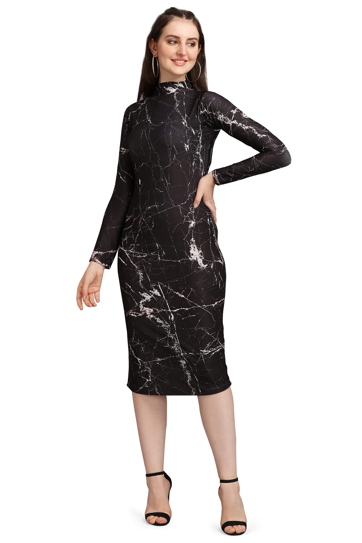 Purvaja Women's Polyester Blend Bodycon Knee Length Cocktail Dress (Siri-Turtle-Black-S